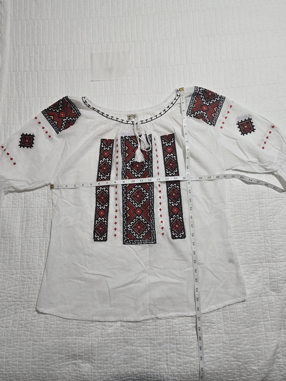 White Embroidered Boho Peasant Blouse with Red & Black Folk Motif - Picture 5 of 8